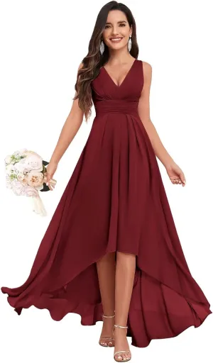 Women's V Neck Bridesmaid Dresses with Pockets Chiffon Pleated High Low Formal Party Dress