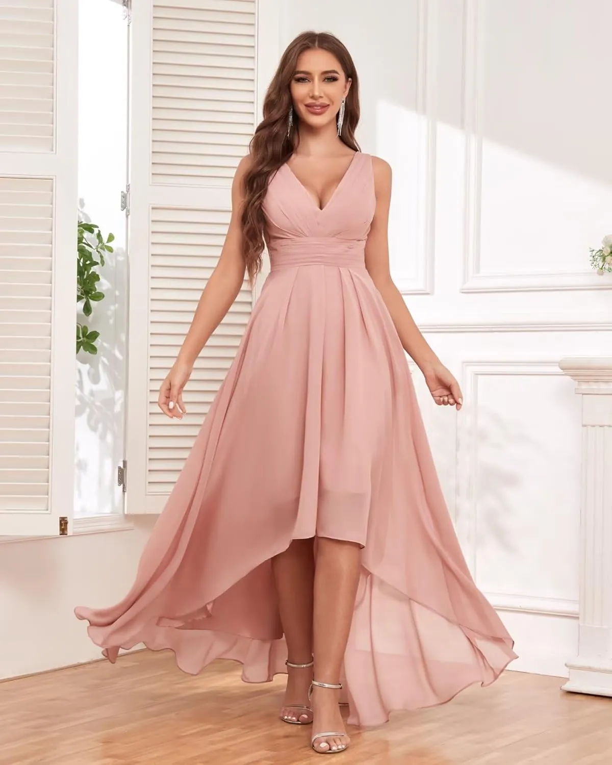 Women's V Neck Bridesmaid Dresses with Pockets Chiffon Pleated High Low Formal Party Dress