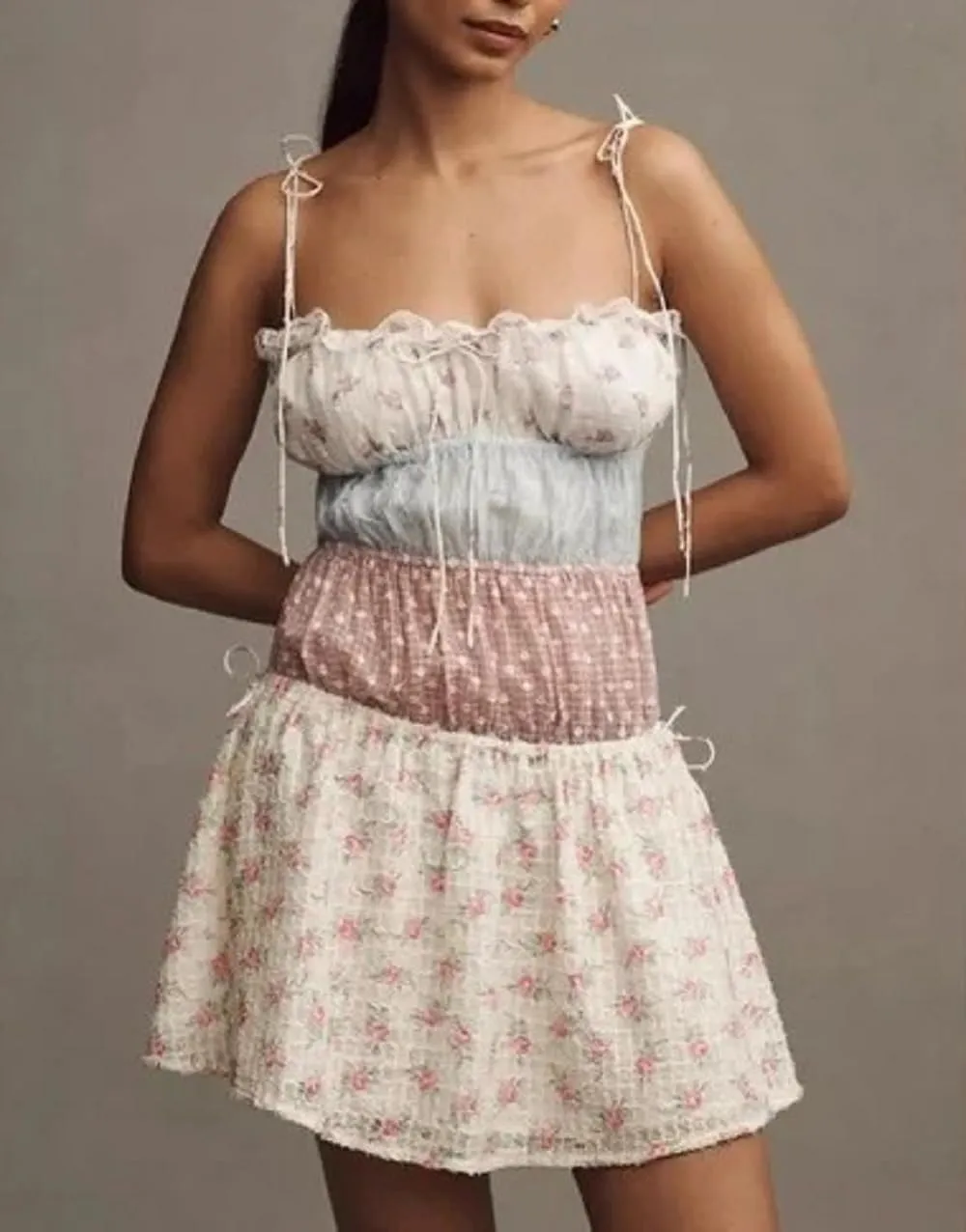 Women's Y2k Floral Print Mini Dress Bow Tie Shoulder Ruffle Babydoll A-Line Sundress Summer Going Out Dress