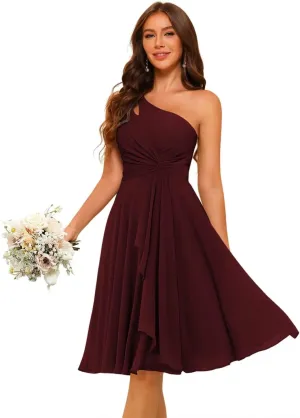 YMSHA Women's One Shoulder Short Bridesmaid Dresses A Line Chiffon Pleated Formal Party Dress YMS429