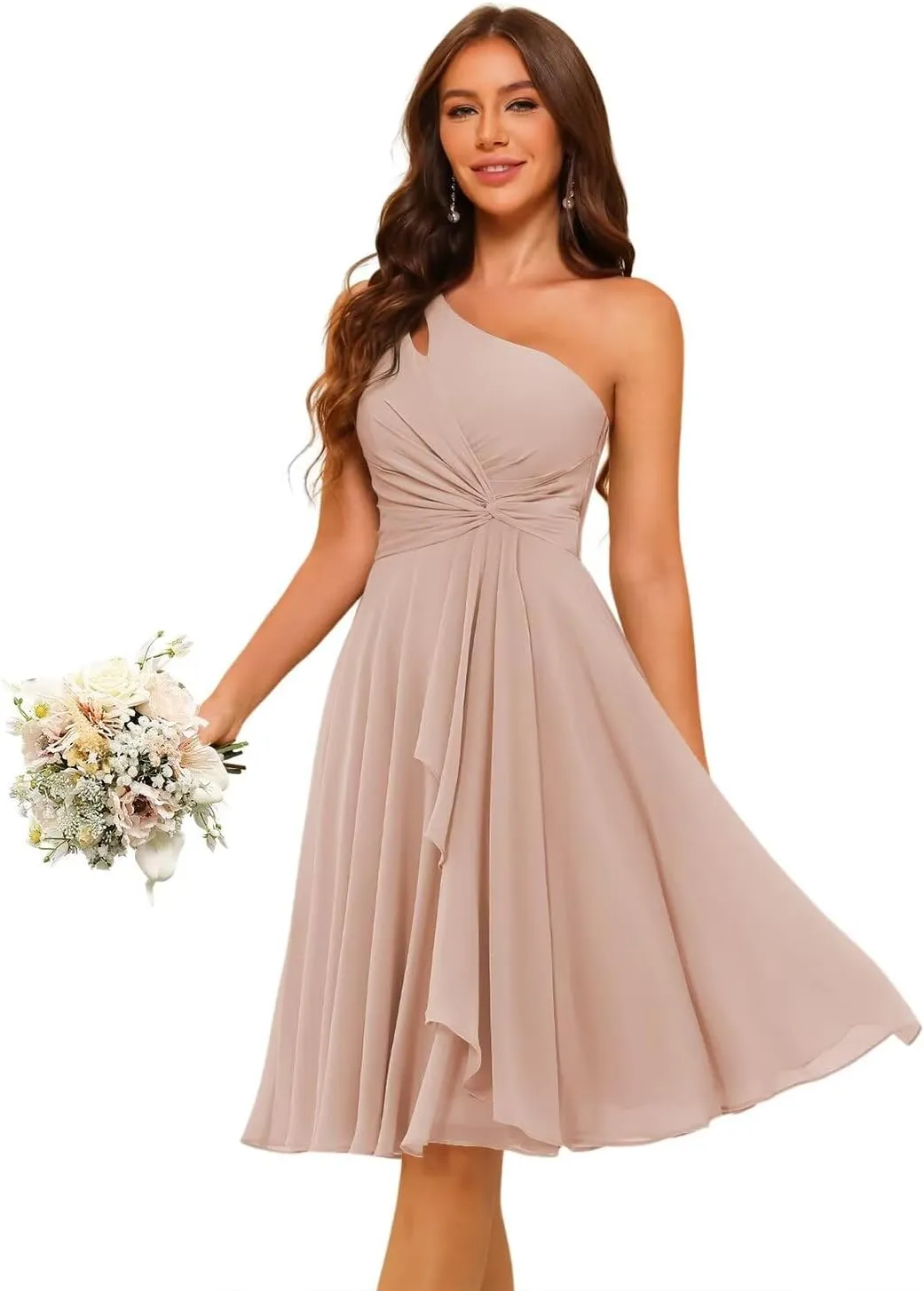 YMSHA Women's One Shoulder Short Bridesmaid Dresses A Line Chiffon Pleated Formal Party Dress YMS429
