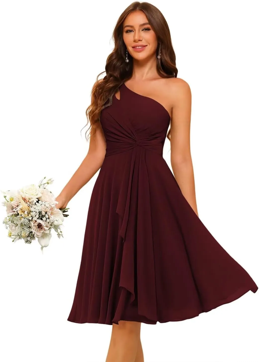 YMSHA Women's One Shoulder Short Bridesmaid Dresses A Line Chiffon Pleated Formal Party Dress YMS429