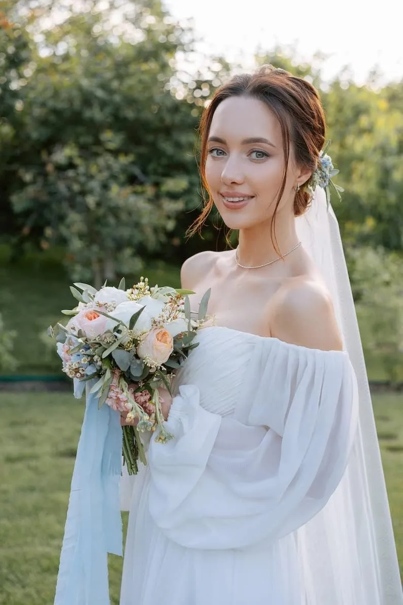 Ymuxin Long Sleeves Chiffon Bridesmaid Dress Off The Shoulder Formal Dress Ruched Wedding Guest Dresses