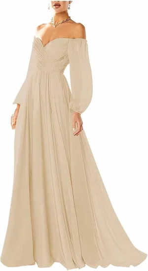 Ymuxin Long Sleeves Chiffon Bridesmaid Dress Off The Shoulder Formal Dress Ruched Wedding Guest Dresses