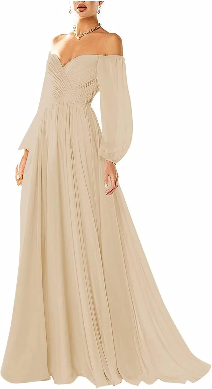 Ymuxin Long Sleeves Chiffon Bridesmaid Dress Off The Shoulder Formal Dress Ruched Wedding Guest Dresses