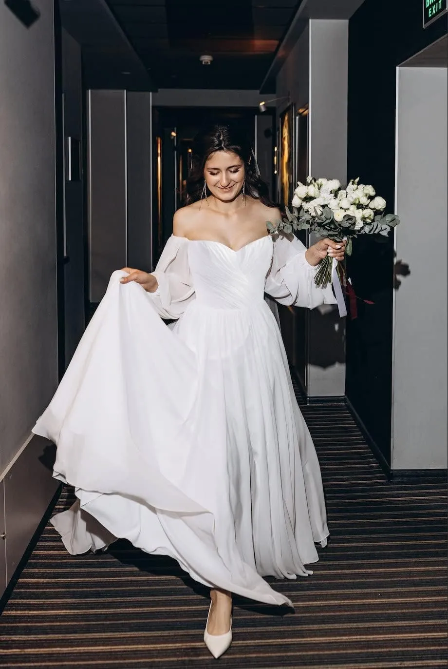 Ymuxin Long Sleeves Chiffon Bridesmaid Dress Off The Shoulder Formal Dress Ruched Wedding Guest Dresses