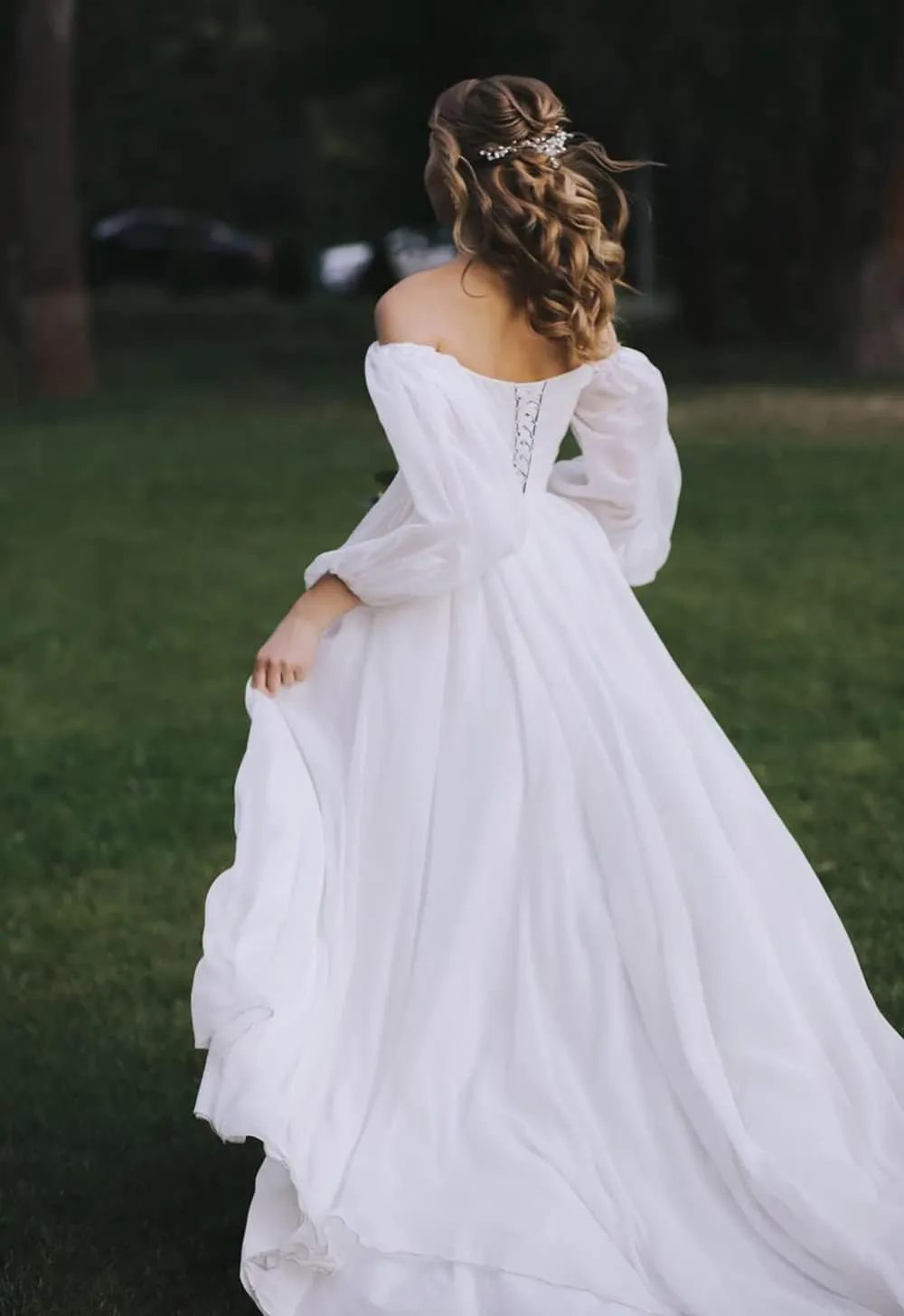 Ymuxin Long Sleeves Chiffon Bridesmaid Dress Off The Shoulder Formal Dress Ruched Wedding Guest Dresses