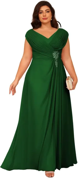 YOFF Double V Neck Lace Mother of The Bride Dresses for Wedding Pleated Chiffon Plus Size Sleeveless Long A-line Emerald Evening Formal Gown for Women 20w