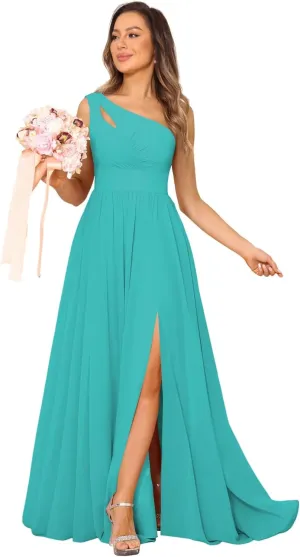 YOFF One Shoulder Bridesmaid Dresses with Slit Long A-line Pleated Chiffon Formal Party Dresses YO037