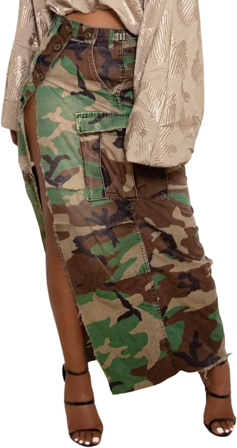 Ytfsrukp Women's Camo Cargo Skirt Maxi High Waist Button Down Skirt