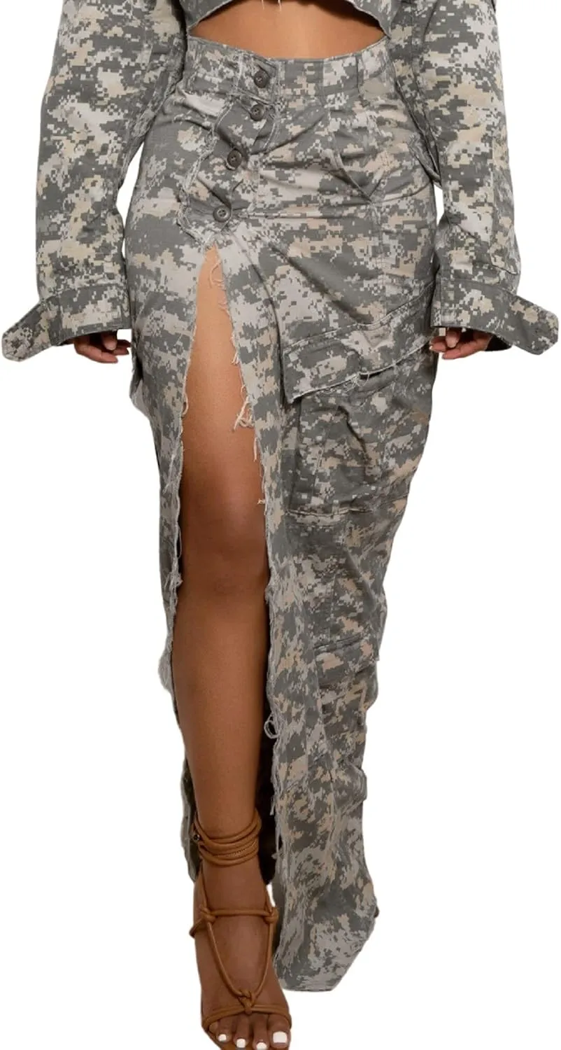 Ytfsrukp Women's Camo Cargo Skirt Maxi High Waist Button Down Skirt