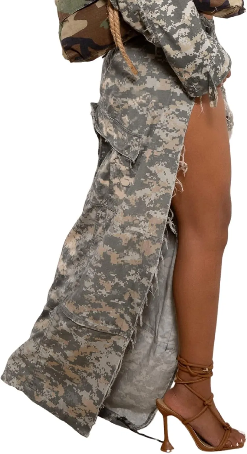Ytfsrukp Women's Camo Cargo Skirt Maxi High Waist Button Down Skirt