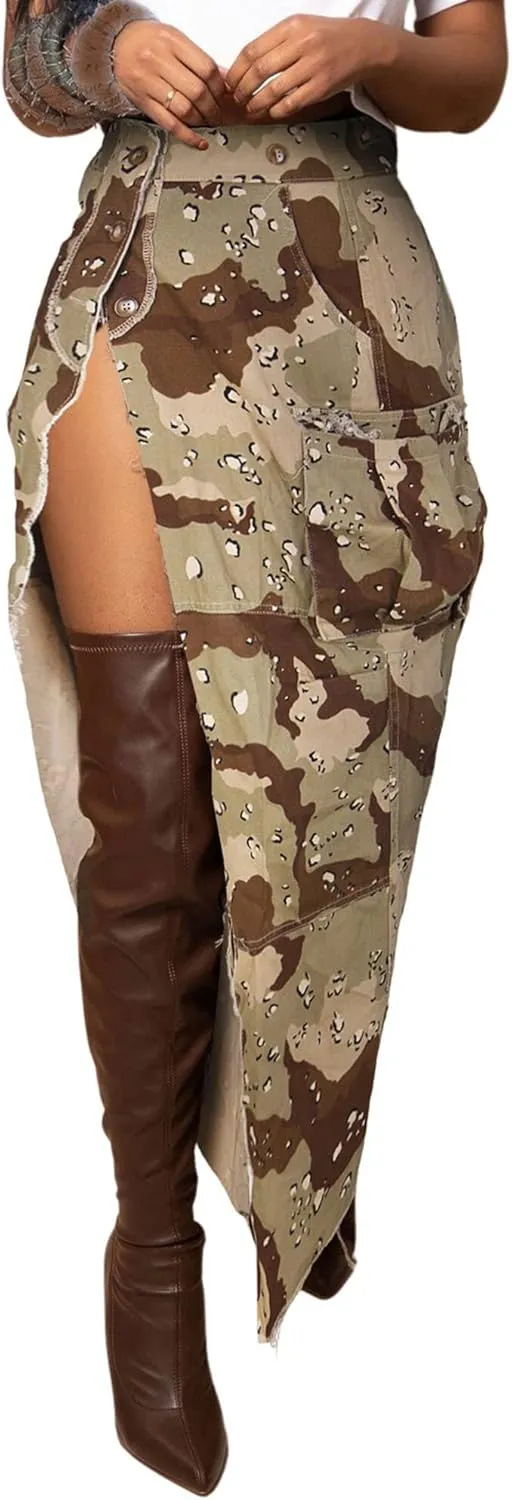 Ytfsrukp Women's Camo Cargo Skirt Maxi High Waist Button Down Skirt