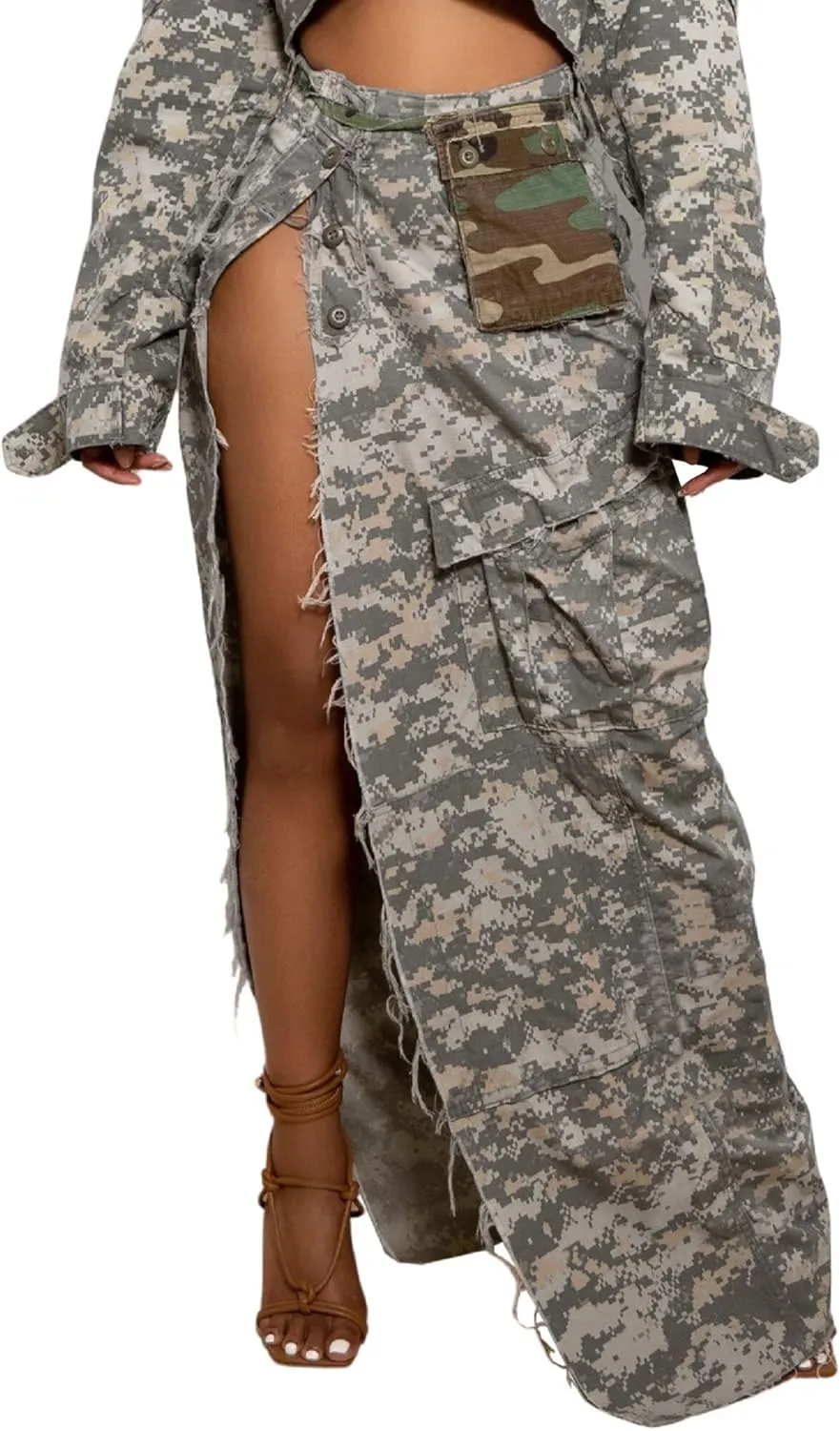 Ytfsrukp Women's Camo Cargo Skirt Maxi High Waist Button Down Skirt