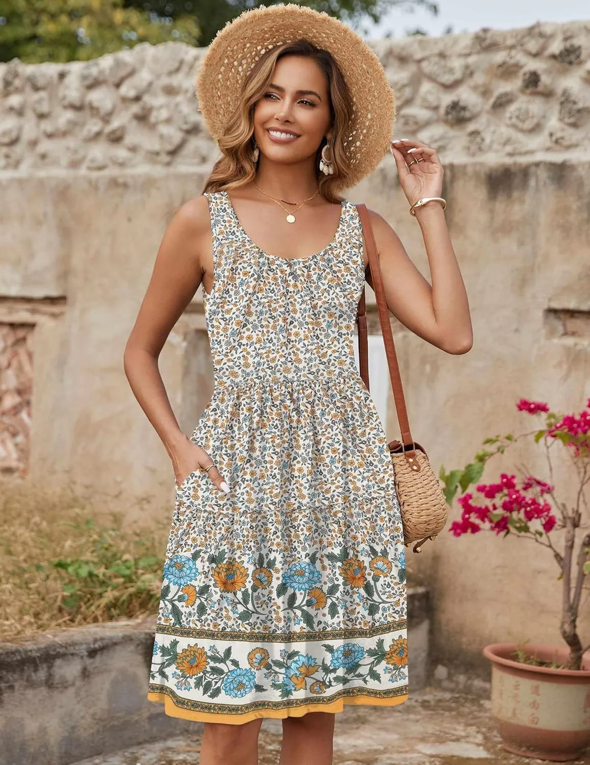 Zeagoo Womens Summer Sundress Boho Floral Casual Tank Dresses with Pockets Sleeveless Tiered Swing A Line Beach Dress