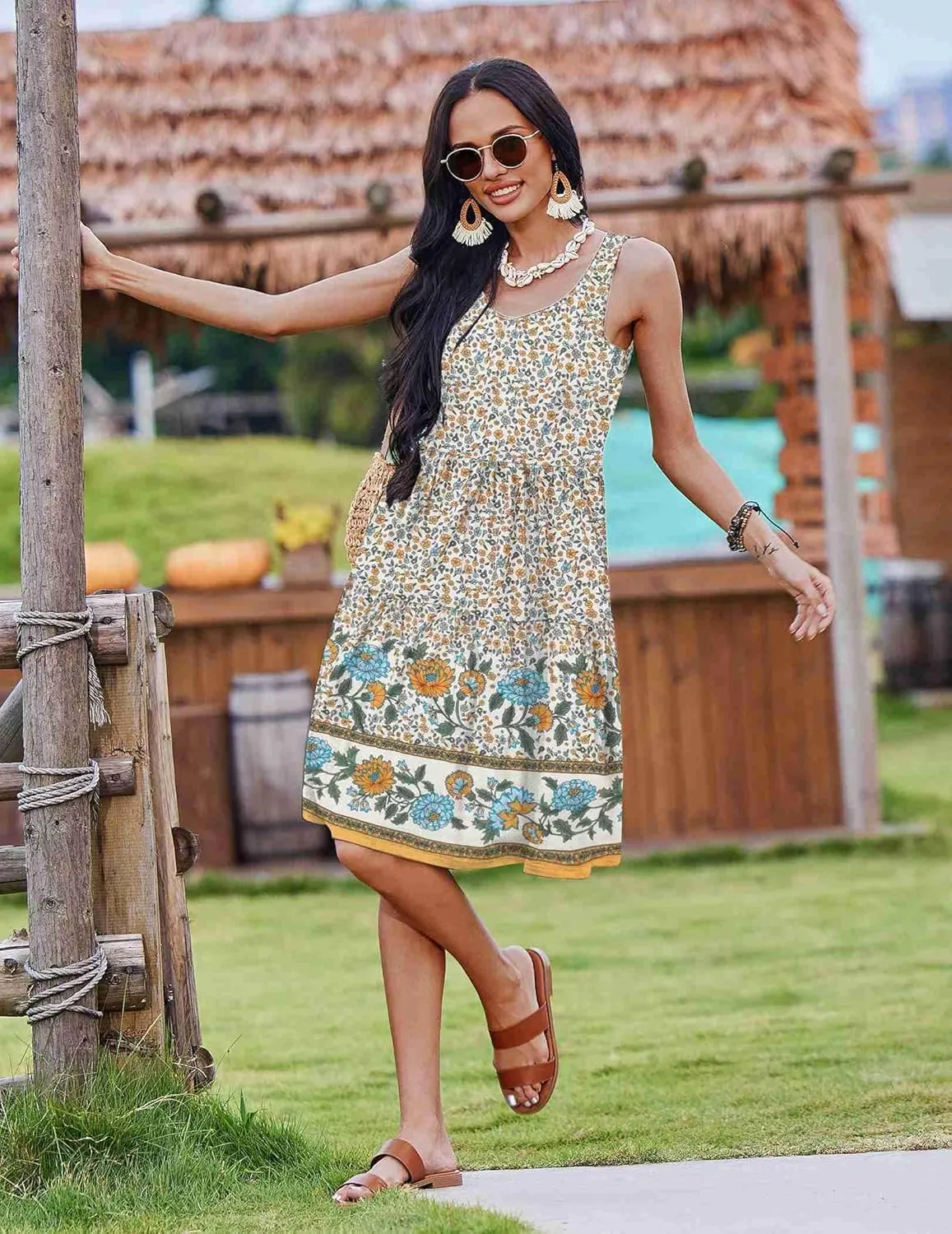 Zeagoo Womens Summer Sundress Boho Floral Casual Tank Dresses with Pockets Sleeveless Tiered Swing A Line Beach Dress