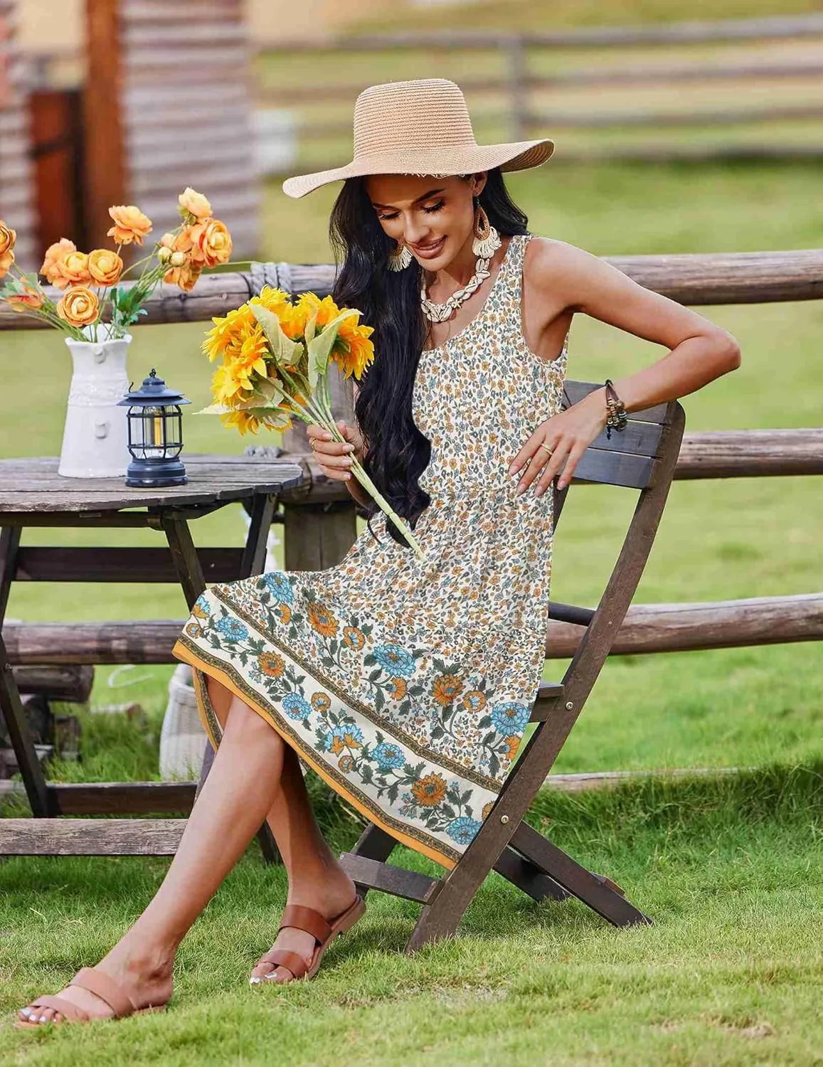 Zeagoo Womens Summer Sundress Boho Floral Casual Tank Dresses with Pockets Sleeveless Tiered Swing A Line Beach Dress