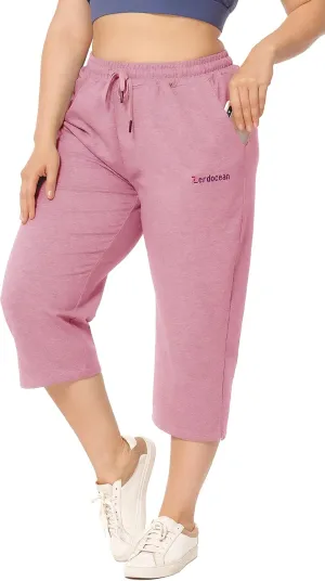 ZERDOCEAN Women's Plus Size Active Yoga Lounge Indoor Jersey Capri Walking Crop Pants with Pockets Drawstring