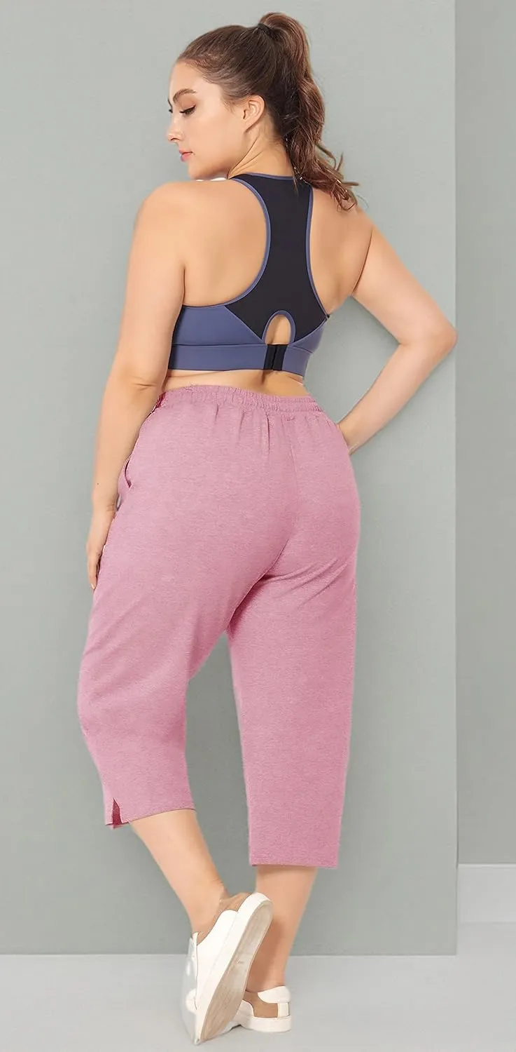 ZERDOCEAN Women's Plus Size Active Yoga Lounge Indoor Jersey Capri Walking Crop Pants with Pockets Drawstring
