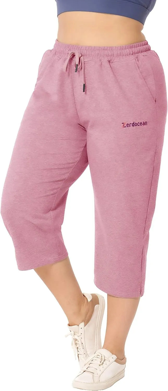 ZERDOCEAN Women's Plus Size Active Yoga Lounge Indoor Jersey Capri Walking Crop Pants with Pockets Drawstring