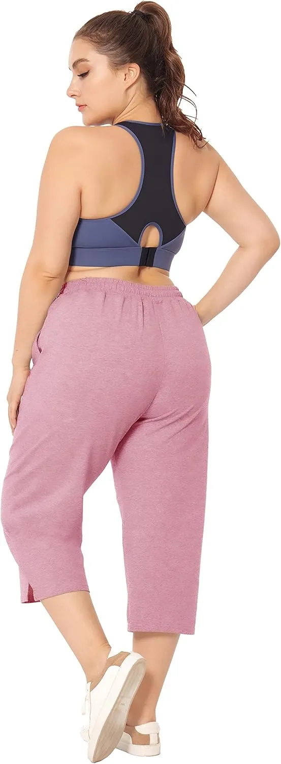 ZERDOCEAN Women's Plus Size Active Yoga Lounge Indoor Jersey Capri Walking Crop Pants with Pockets Drawstring
