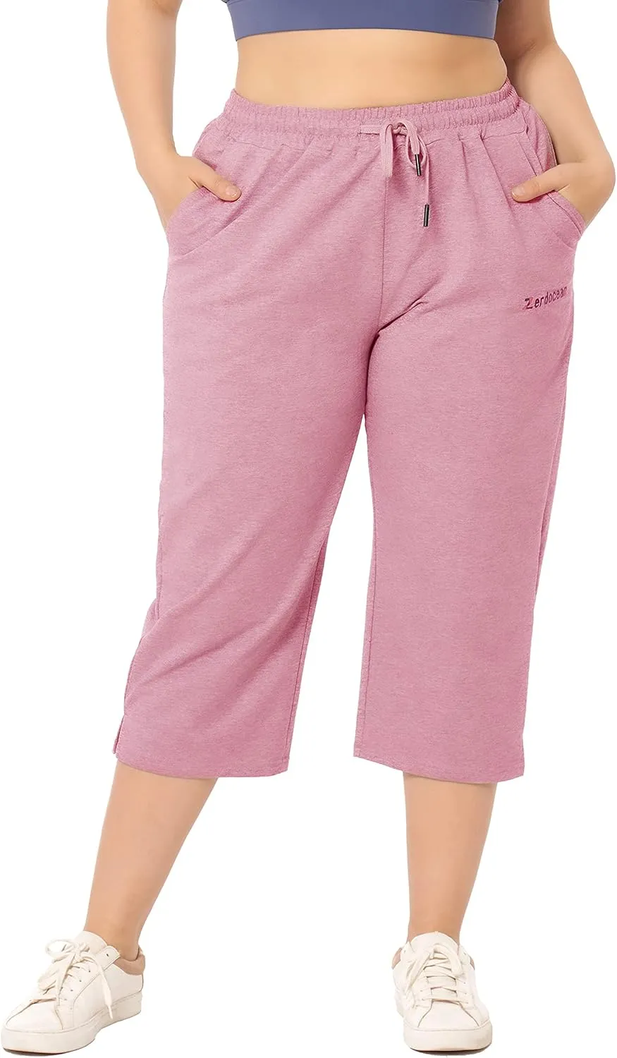 ZERDOCEAN Women's Plus Size Active Yoga Lounge Indoor Jersey Capri Walking Crop Pants with Pockets Drawstring