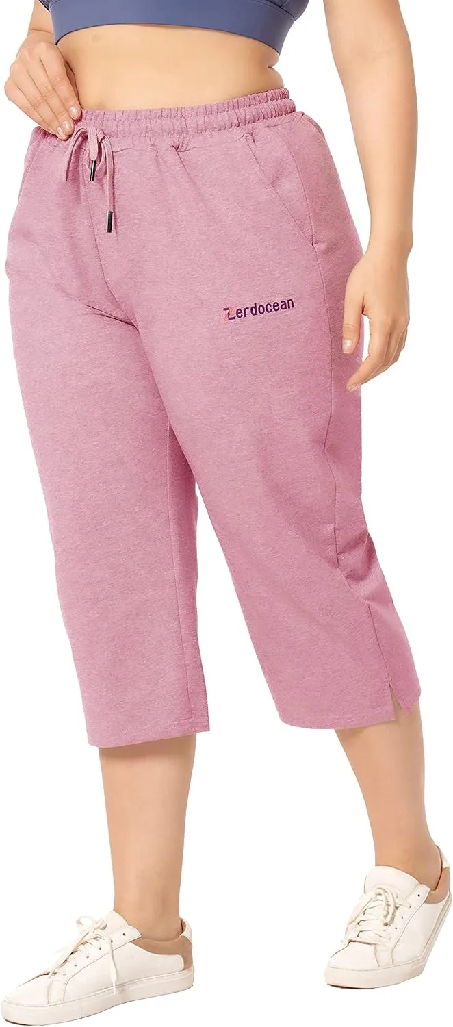ZERDOCEAN Women's Plus Size Active Yoga Lounge Indoor Jersey Capri Walking Crop Pants with Pockets Drawstring