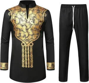 ZEROYAA Men's Africa Suit Long Sleeve Bronzing Print Shirt and Pants Outfit Traditional 2 Piece Set