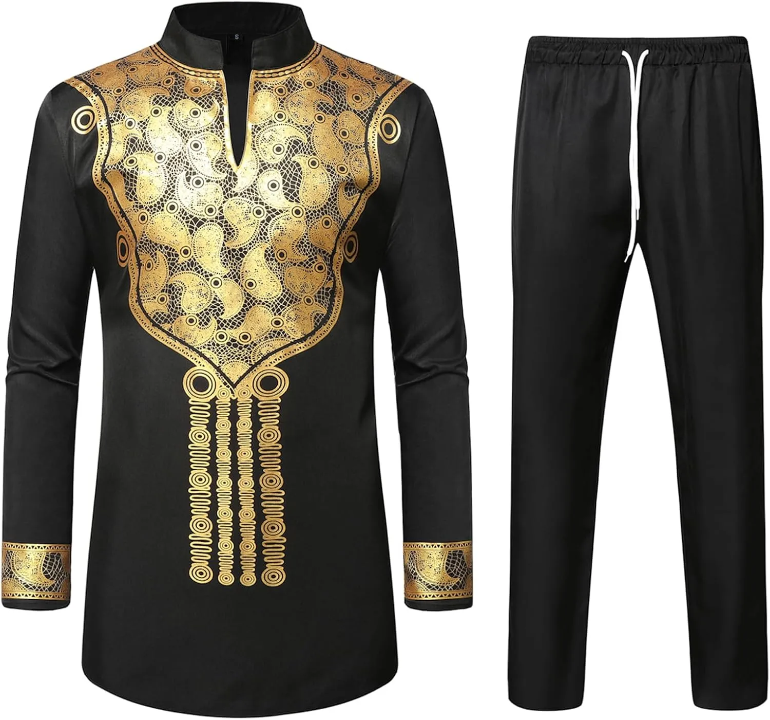 ZEROYAA Men's Africa Suit Long Sleeve Bronzing Print Shirt and Pants Outfit Traditional 2 Piece Set