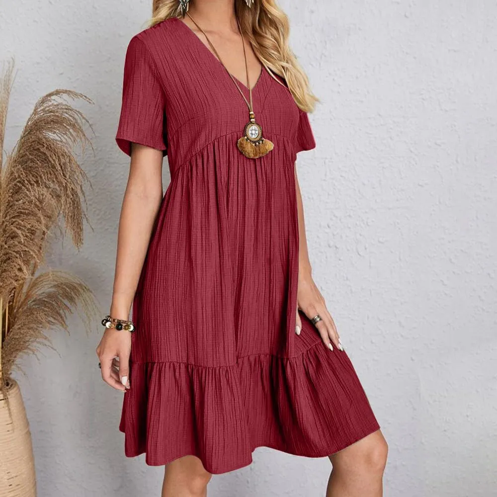 ZOCAVIA Womens Short Sleeve Mini Dress Summer V Neck Tiered Smocked A Line Dress Cute Babydoll Dress Spring Swing Dress