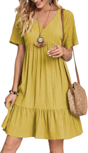 ZOCAVIA Womens Short Sleeve Mini Dress Summer V Neck Tiered Smocked A Line Dress Cute Babydoll Dress Spring Swing Dress