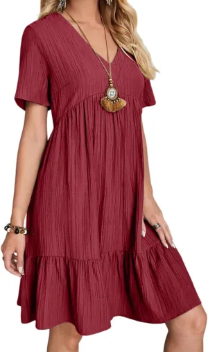 ZOCAVIA Womens Short Sleeve Mini Dress Summer V Neck Tiered Smocked A Line Dress Cute Babydoll Dress Spring Swing Dress
