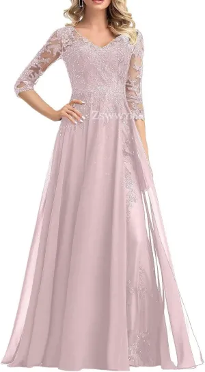 ZSWWYibo Mother of The Bride Dresses Luxury Lace Applique Maxi Dresses V Neck Chiffon Evening Party Gowns for Women