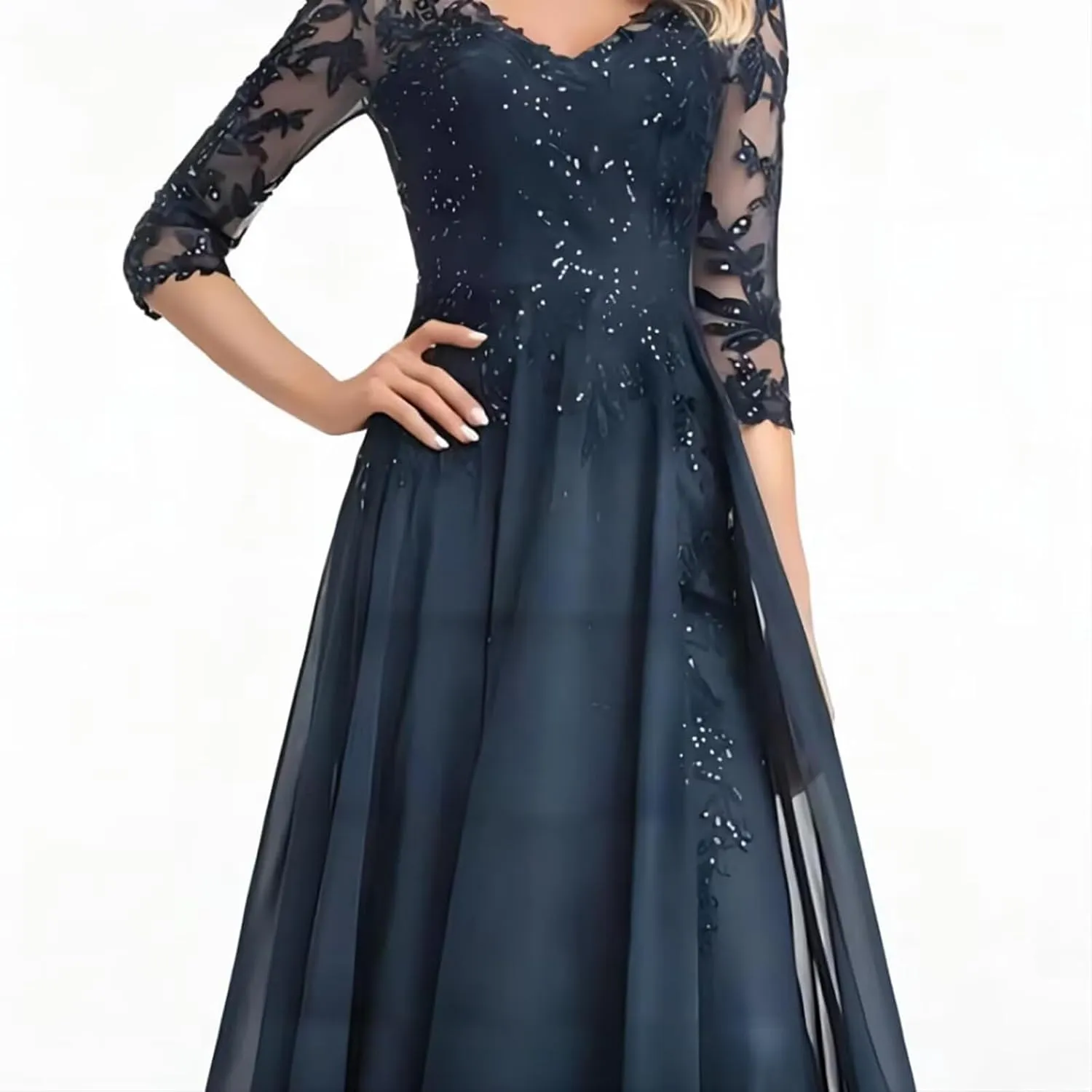 ZSWWYibo Mother of The Bride Dresses Luxury Lace Applique Maxi Dresses V Neck Chiffon Evening Party Gowns for Women