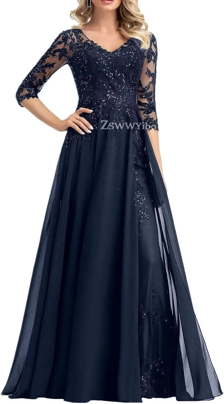 ZSWWYibo Mother of The Bride Dresses Luxury Lace Applique Maxi Dresses V Neck Chiffon Evening Party Gowns for Women